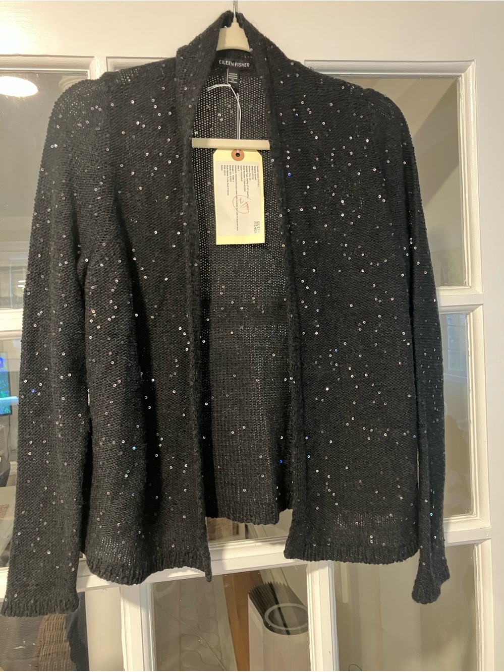 Eileen Fisher Sample Merino Sequin Open Cardigan Black  Wool Fall 2023 $328 S